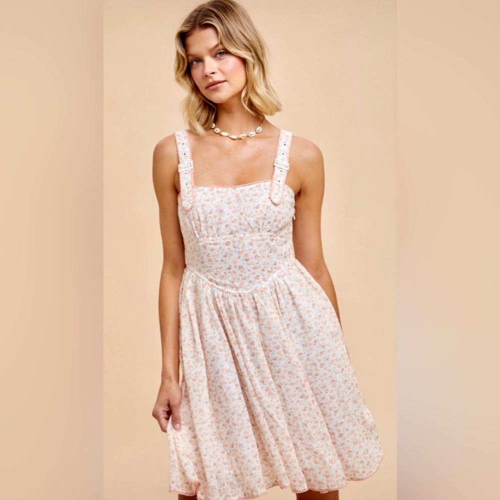 Aviola Apricot Ditzy Print Apron Utility Mini Dress